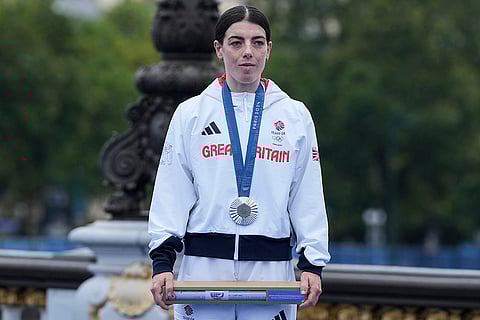 Women's cycling time trial medal ceremony: Silver medalist Anna Henderson, of Britain
